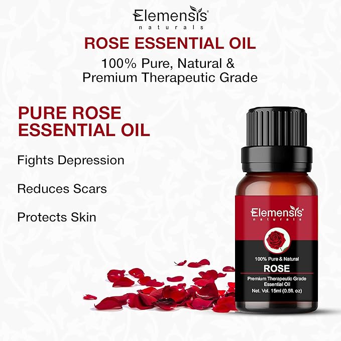 Elemensis Naturals Pure & Natural Rose Essential oil Pure and Natural Therapeutic grade Steam distilled oil for skin care, Hair care, and Aromatherapy