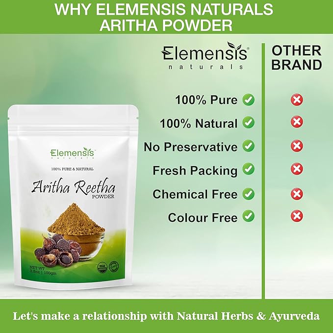 Elemensis Naturals Pure & Natural Aritha/Reetha/Ritha/Soapnuts (Sapindus Mukorossi) Powder For Silky & Smooth Hairs, 100gm