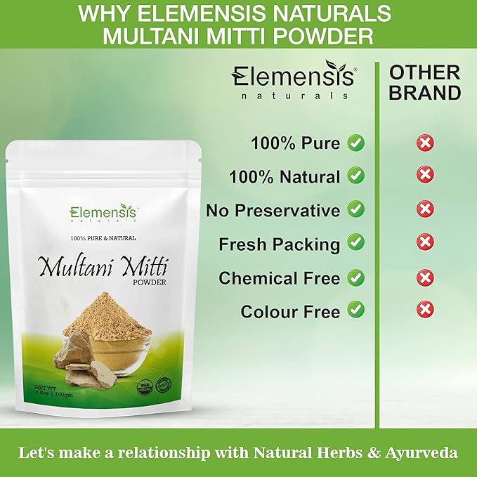 Elemensis Naturals Pure & Natural Herbal Multani Mitti for Face, Skin Whitening, Face mask and Facial, Skin Care and Glowing Dry Skin