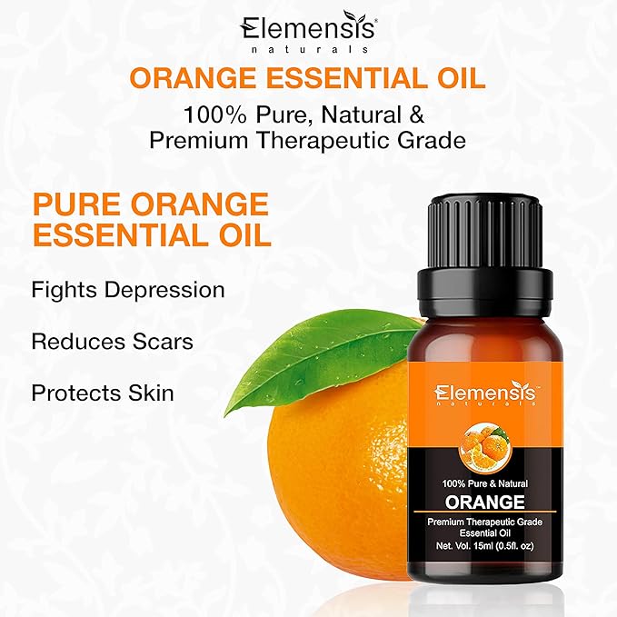 Elemensis Naturals Orange Essential Oil 100% Pure, Undiluted Therapeutic Grade orange oil for Skin, Hair, Body, Face
