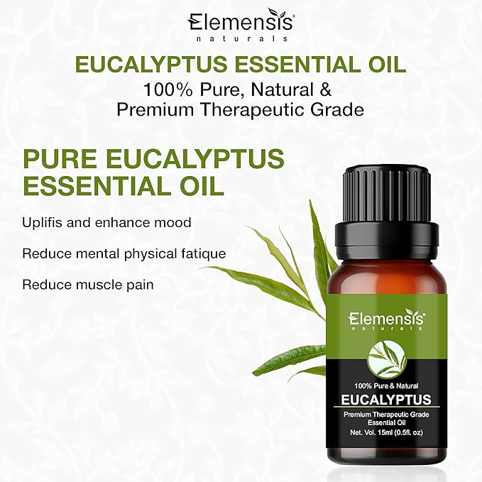 Elemensis Naturals Eucalyptus essential oil, 100% Pure, Natural Undiluted & Organic eucalyptus oil for cold and cough, pain relief, Nilgiri oil