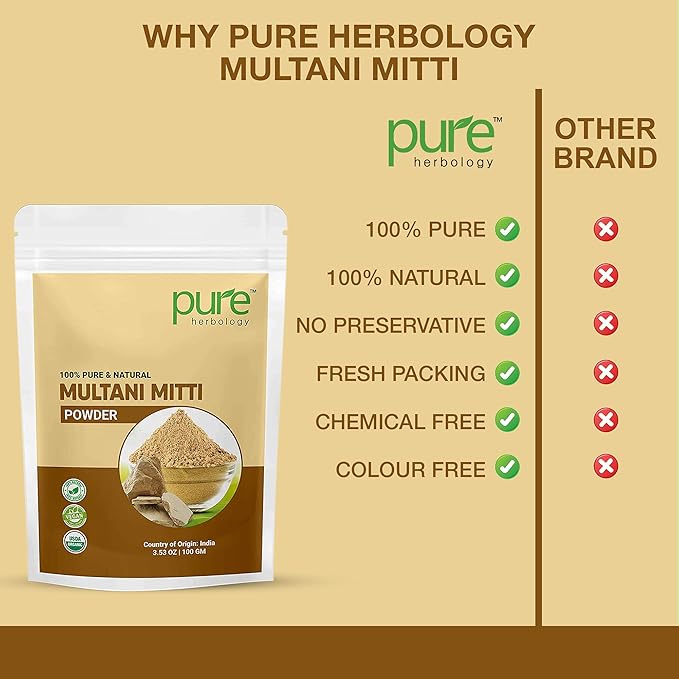 Pure Herbology Pure & Natural Multani Mitti Powder for Face Glowing & Dry Skin, Facial Care, (100Gm)
