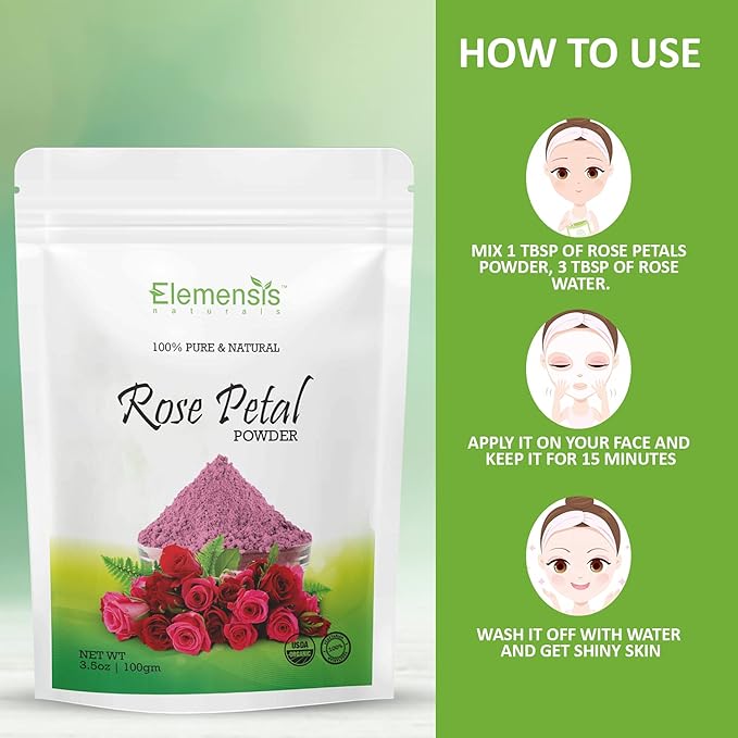 Elemensis Naturals Pure & Natural Double Filtered Rose Petal Powder For Skin, Face Pack Mask for Fairness, Tanning & Glowing Skin