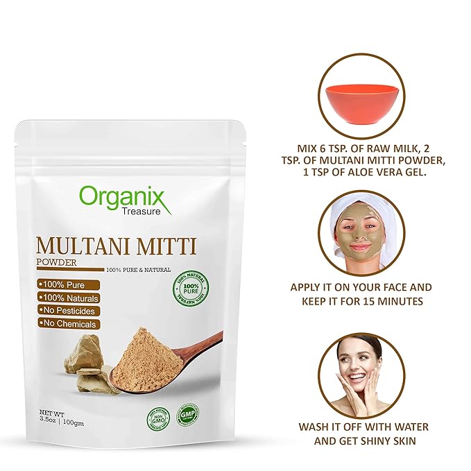 Organix Treasure Pure & Natural Herbal Multani Mitti Face Pack Powder for Glowing Dry Skin