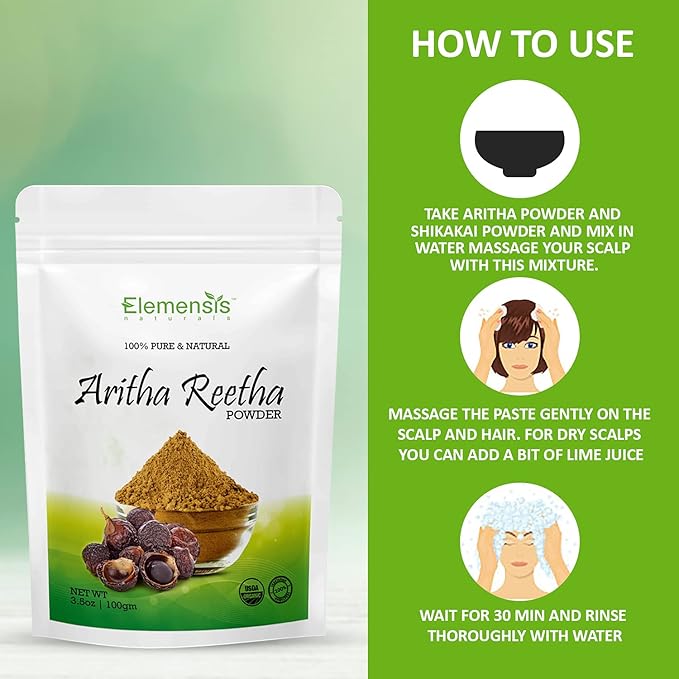 Elemensis Naturals Pure & Natural Aritha/Reetha/Ritha/Soapnuts (Sapindus Mukorossi) Powder For Silky & Smooth Hairs, 100gm