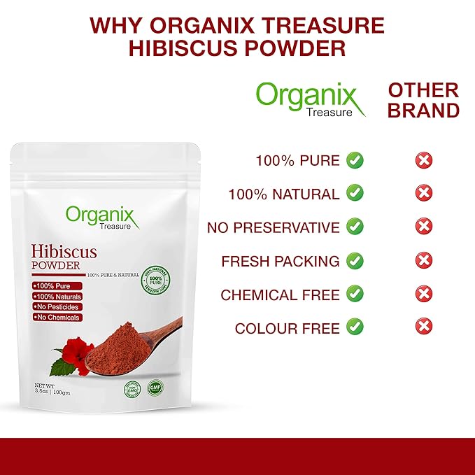 Organix Treasure Pure & Natural Hibiscus Flower Powder for Face Packs and Hair Growth & Care.