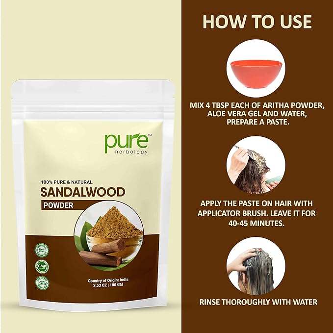 Pure Herbology Pure & Natural Sandalwood Powder for Face, Skin Whitening, Face mask and Facial, Skin Care, (100Gm)