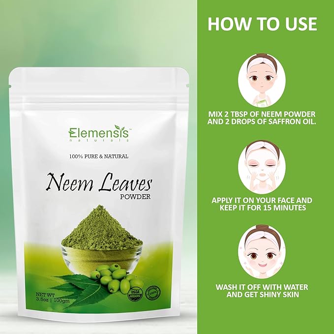 Elemensis Naturals Pure Neem Leaves Powder For Pimple-free Clear Skin, silky hair & Hair Cleanser