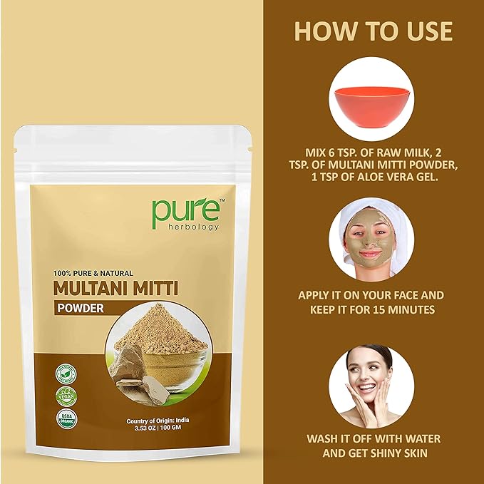 Pure Herbology Pure & Natural Multani Mitti Powder for Face Glowing & Dry Skin, Facial Care, (100Gm)