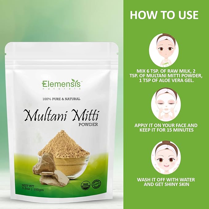 Elemensis Naturals Pure & Natural Herbal Multani Mitti for Face, Skin Whitening, Face mask and Facial, Skin Care and Glowing Dry Skin