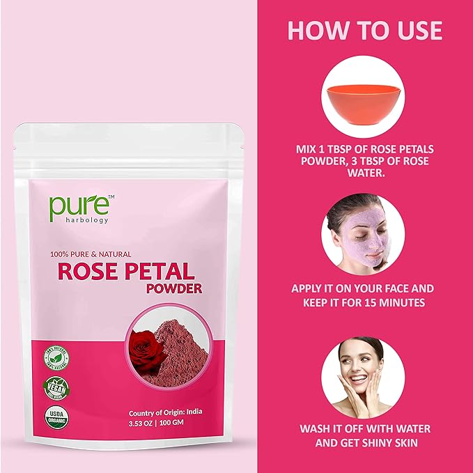 Pure Herbology Pure and Natural Double Filtered Rose Petal Powder For Skin, Face Pack Mask for Fairness, Tanning & Glowing Skin, 100gm