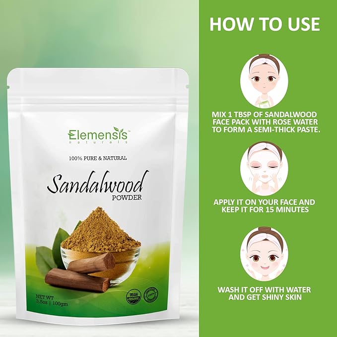 Elemensis Naturals Pure & Natural Sandalwood Powder for Face, Skin Whitening, Face mask and Facial, Skin Care, 100g, 200g, 300g