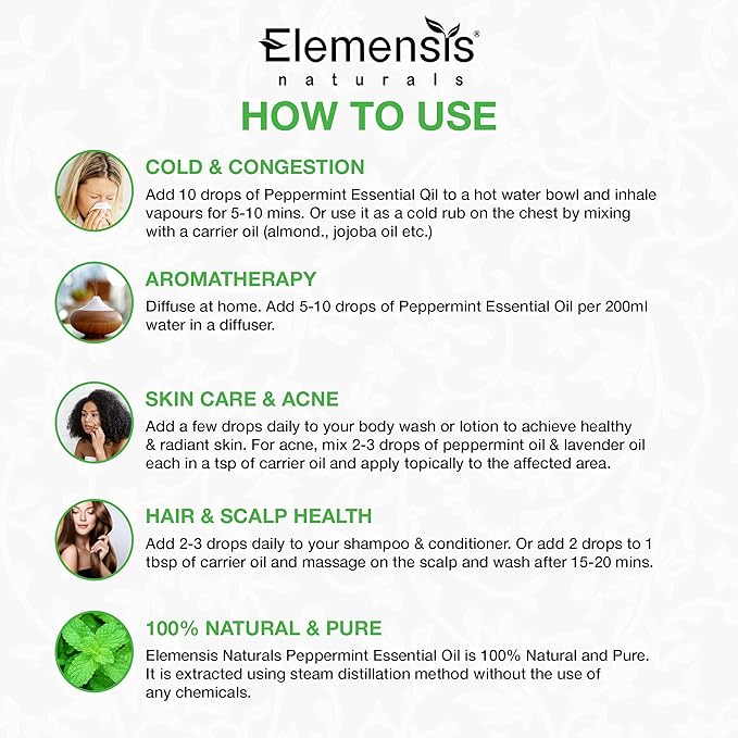 Elemensis Naturals Peppermint Essential Oil Pure, Natural & Undiluted Therapeutic Grade for Hair, Body and Skin