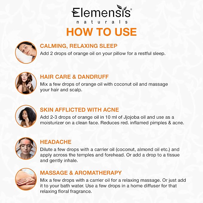 Elemensis Naturals Orange Essential Oil 100% Pure, Undiluted Therapeutic Grade orange oil for Skin, Hair, Body, Face