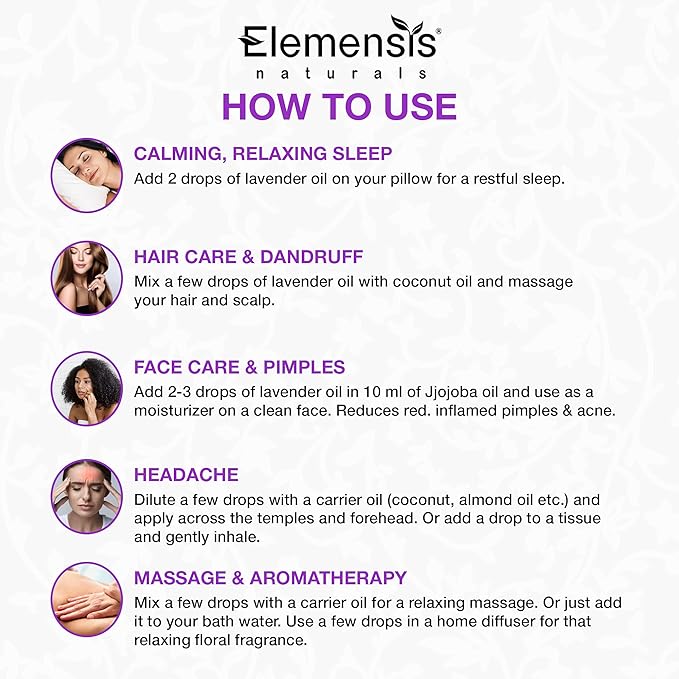Elemensis Naturals Lavender Essential Oil for Sleep, Hair Growth, Skin Care, 100% Pure, Natural and Undiluted lavender oil