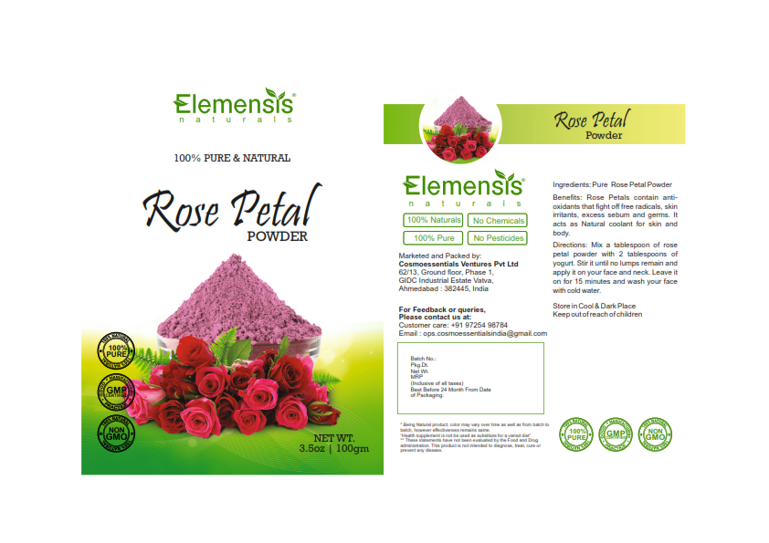 Elemensis Naturals Pure & Natural Double Filtered Rose Petal Powder For Skin, Face Pack Mask for Fairness, Tanning & Glowing Skin