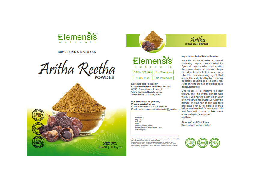 Elemensis Naturals Pure & Natural Aritha/Reetha/Ritha/Soapnuts (Sapindus Mukorossi) Powder For Silky & Smooth Hairs, 100gm
