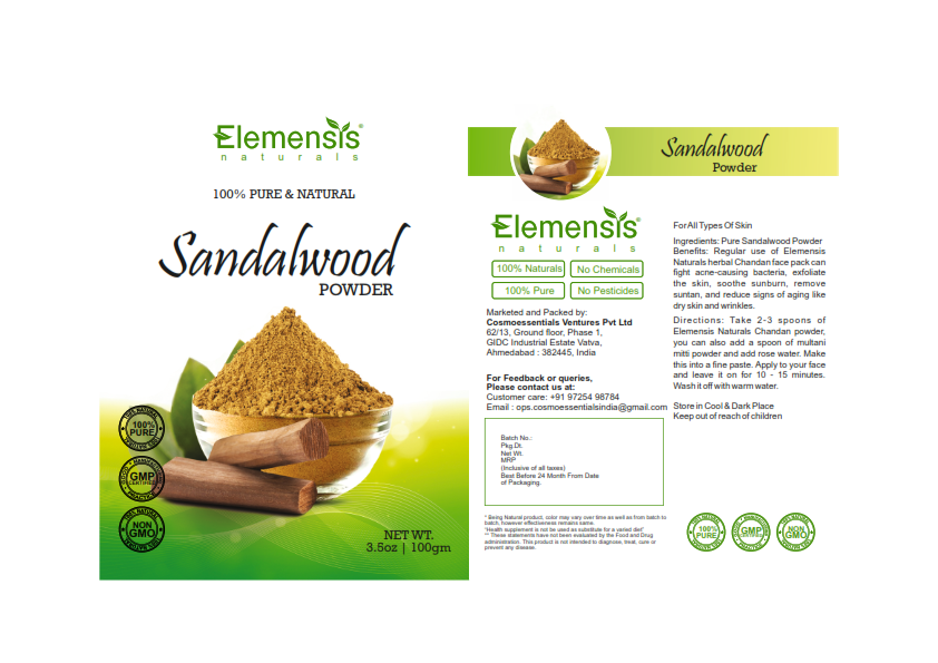Elemensis Naturals Pure & Natural Sandalwood Powder for Face, Skin Whitening, Face mask and Facial, Skin Care, 100g, 200g, 300g
