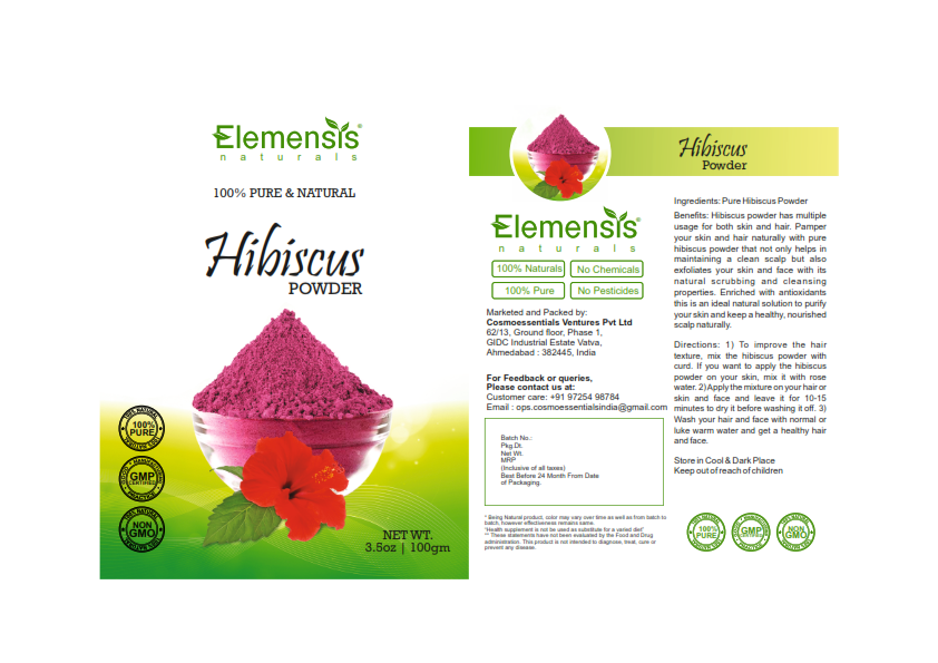 Elemensis Naturals Pure Organically Grown Hibiscus powder for hair care, hair mask, face Mask