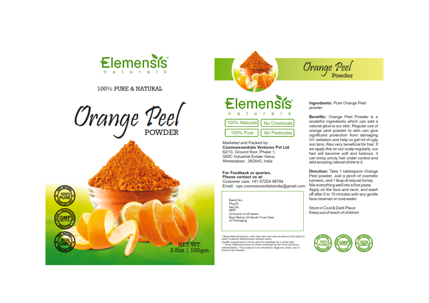 Elemensis Naturals Pure & Natural Orange Fruit Peel Powder for Glowing Skin, For Face Pack Skin Whitening, Acne & Pimple