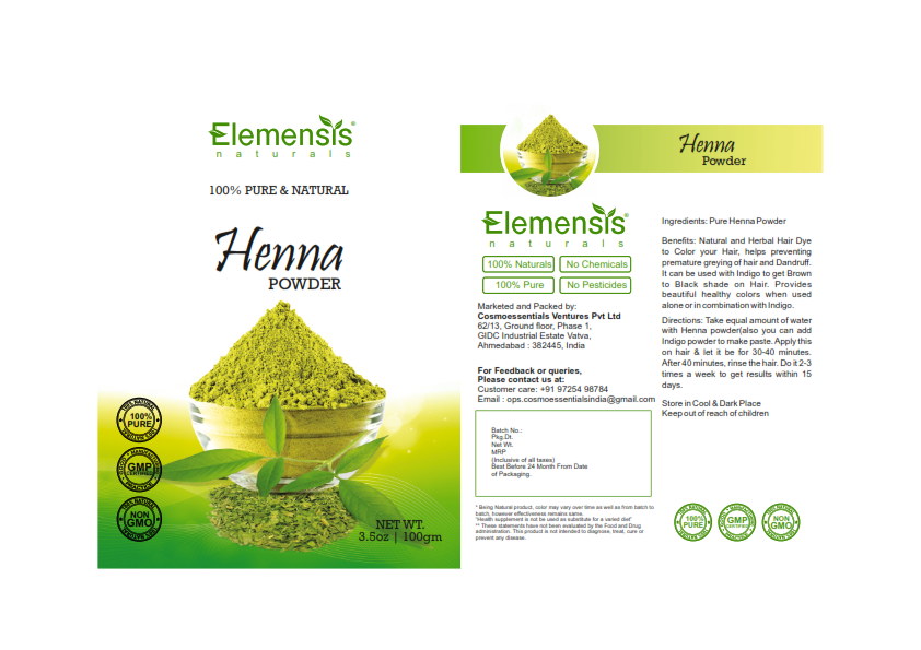 Elemensis Naturals Pure & Natural Henna powder for Healthy and Strong Hair and Hair fall Control Repairs damaged hair