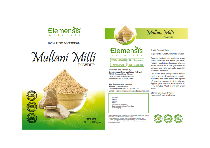 Elemensis Naturals Pure & Natural Herbal Multani Mitti Face Pack Powder for Glowing Dry Skin, 1Kg (Pack Of 10, Each 100gm)
