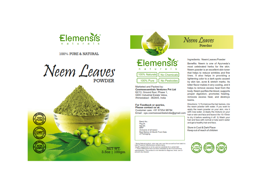 Elemensis Naturals Pure Neem Leaves Powder For Pimple-free Clear Skin, silky hair & Hair Cleanser