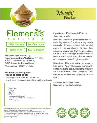 Elemensis Naturals Pure & Natural Mulethi Powder For Skin Whitening, Licorice Powder For Body, Skin and Hair