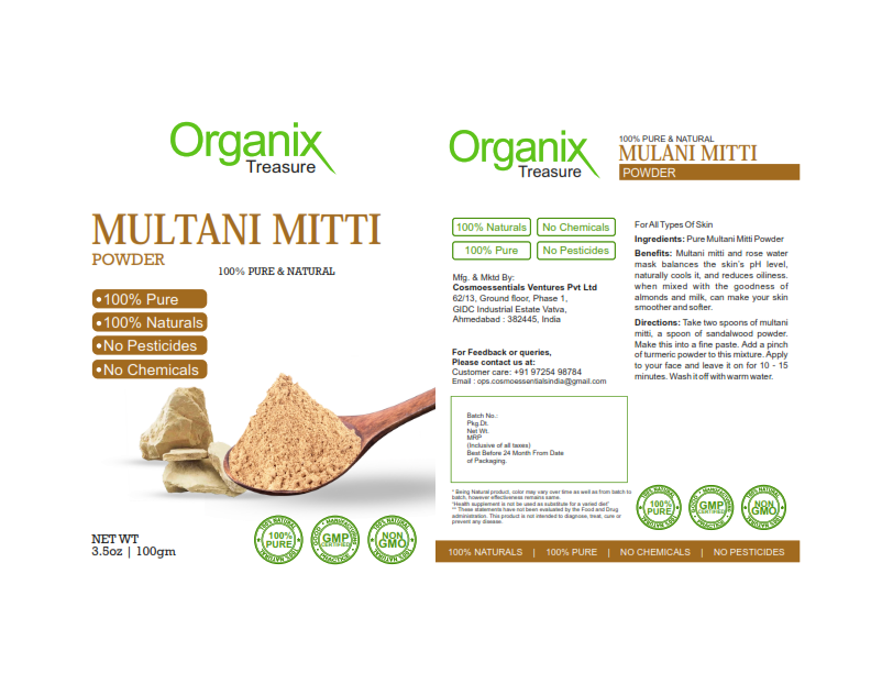 Organix Treasure Pure & Natural Herbal Multani Mitti Face Pack Powder for Glowing Dry Skin