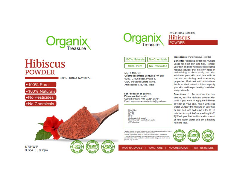 Organix Treasure Pure & Natural Hibiscus Flower Powder for Face Packs and Hair Growth & Care.