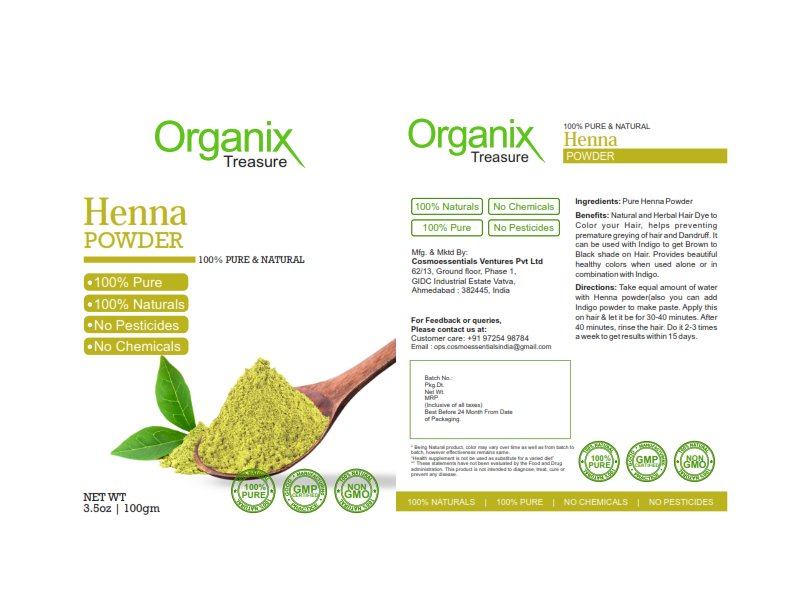 Organix Treasure Pure & Natural Henna powder for Healthy and Strong Hair, Hair fall Control, Repairs damaged hair.