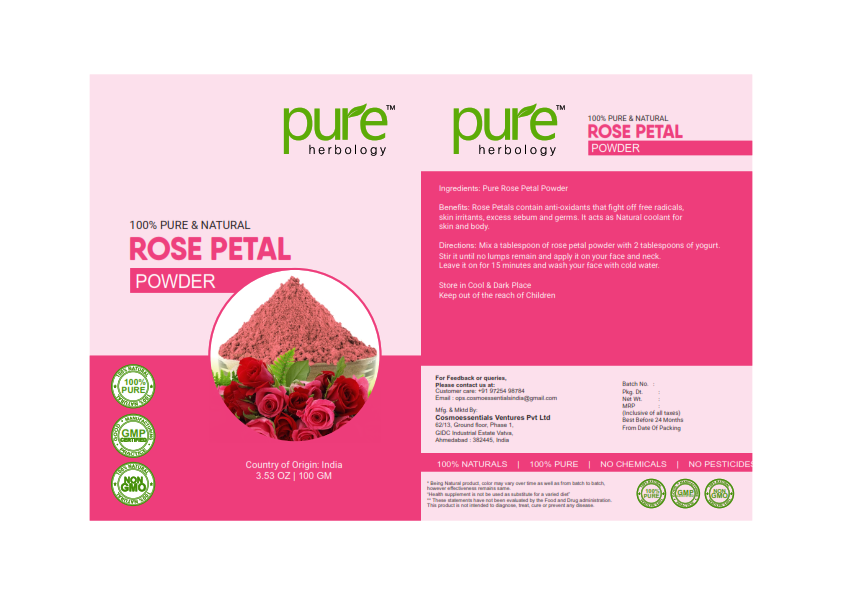 Pure Herbology Pure and Natural Double Filtered Rose Petal Powder For Skin, Face Pack Mask for Fairness, Tanning & Glowing Skin, 100gm
