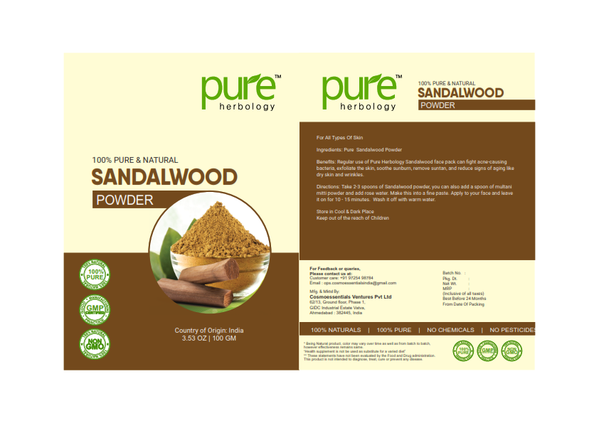 Pure Herbology Pure & Natural Sandalwood Powder for Face, Skin Whitening, Face mask and Facial, Skin Care, (100Gm)