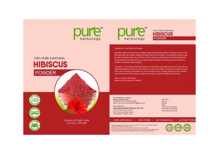 Pure Herbology Pure & Natural Hibiscus Flower Powder for Face Packs and Hair Growth & Care, 100gm