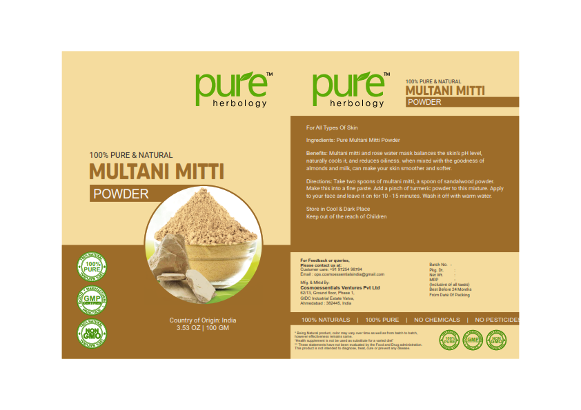 Pure Herbology Pure & Natural Multani Mitti Powder for Face Glowing & Dry Skin, Facial Care, (100Gm)