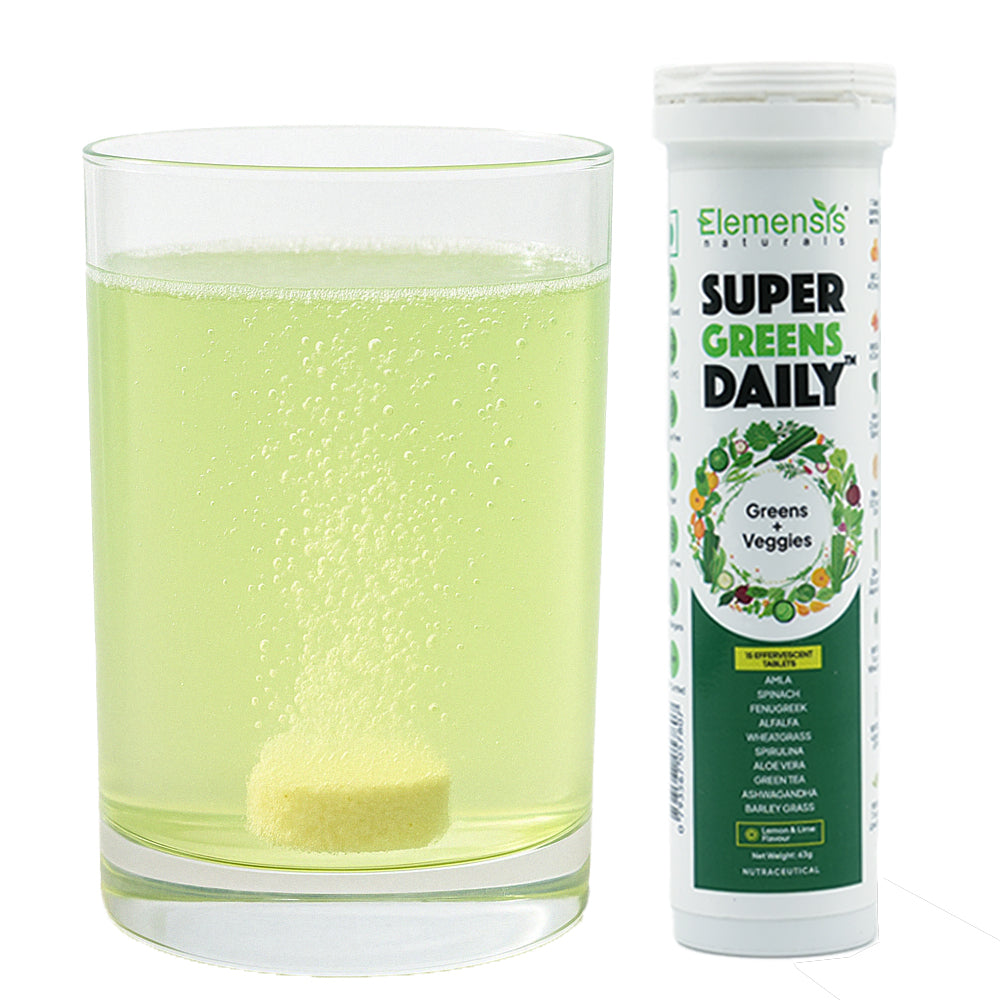 Elemensis Naturals Super Greens Daily Effervescent Tablets | Lemon Lime Flavor Green Supplement with Spirulina, Amla, Fenugreek, Alfalfa, Aloe Vera, Spinach, Green Tea, Wheatgrass, Ashwagandha, Barley Grass| Detox, Immunity & Energy support (15 Tablets)