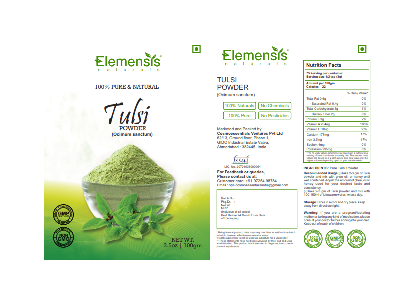 Elemensis Naturals Pure Tulsi Powder for Skin & Hair Treatment, Ayurvedic Immunity Booster, Basil powder (Ocimum Sanctum)