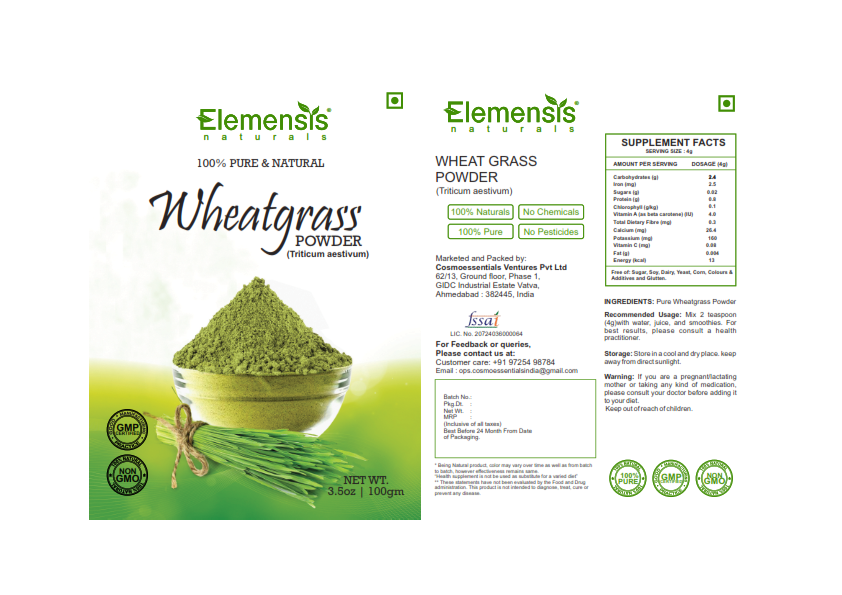 Elemensis Naturals Pure Wheat grass Powder Vegan, Superfood | Antioxidant, Energy, Detox, Immunity Booster, Skin Health, wheatgrass powder