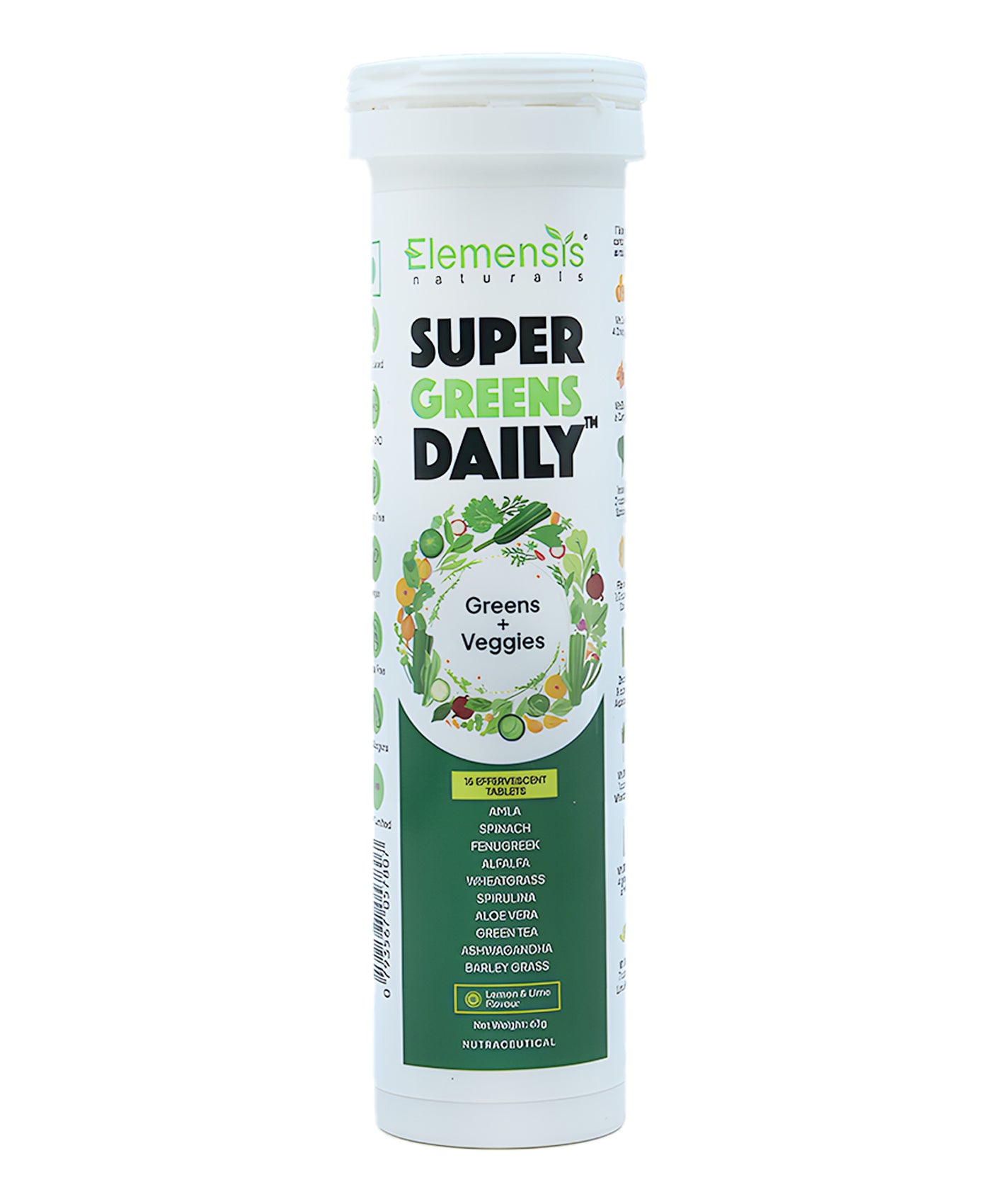 Elemensis Naturals Super Greens Daily Effervescent Tablets | Lemon Lime Flavor Green Supplement with Spirulina, Amla, Fenugreek, Alfalfa, Aloe Vera, Spinach, Green Tea, Wheatgrass, Ashwagandha, Barley Grass| Detox, Immunity & Energy support (15 Tablets)