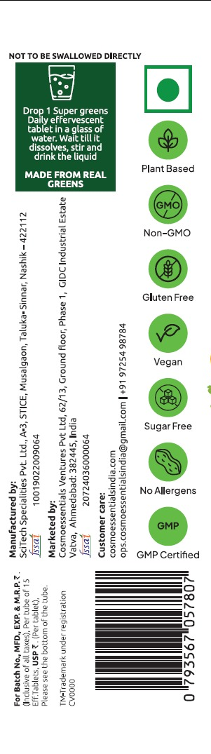 Elemensis Naturals Super Greens Daily Effervescent Tablets | Lemon Lime Flavor Green Supplement with Spirulina, Amla, Fenugreek, Alfalfa, Aloe Vera, Spinach, Green Tea, Wheatgrass, Ashwagandha, Barley Grass| Detox, Immunity & Energy support (15 Tablets)