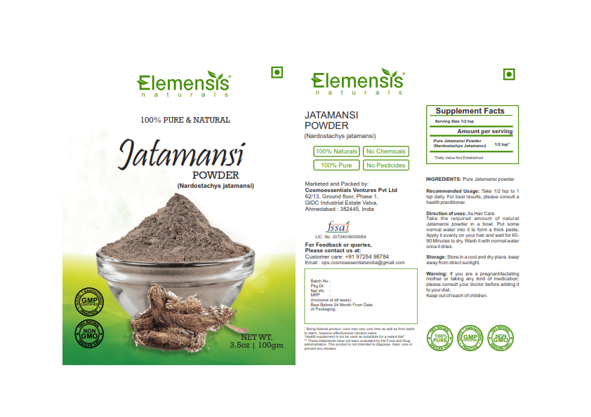 Elemensis Naturals Pure Jatamansi powder for hair growth, Eating, Sleep, and brain, for Hair treatment women & men
