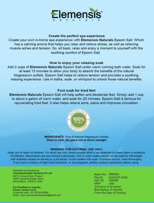 Elemensis Naturals Epsom Salt Granule(Magnesium Sulphate) For Bathing, Relaxing Foot and Pain Relief Therapeutic Spa Treatment & Refreshing Body